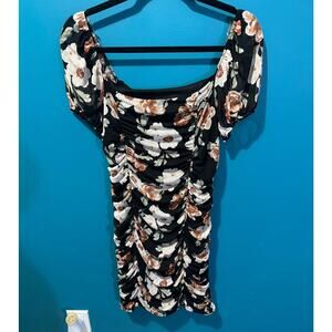 XL Black Ruched Floral Dress